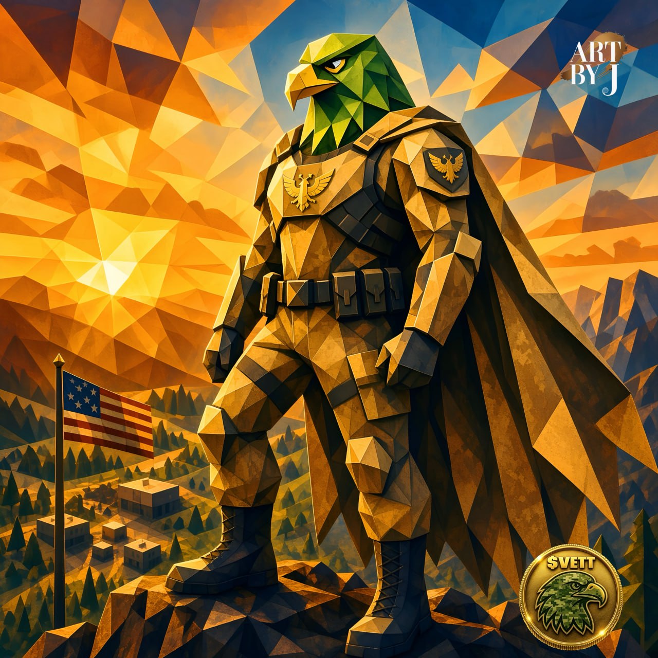 Eagle on Watch, a commissioned geometric artwork of a vigilant eagle service member overlooking an American community
